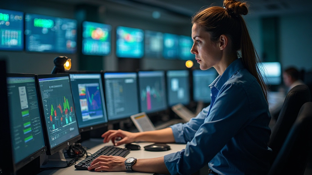 Профессиональное фото диспетчеров энергосистемы, работающих в центре управления с множеством мониторов и панелей контроля
