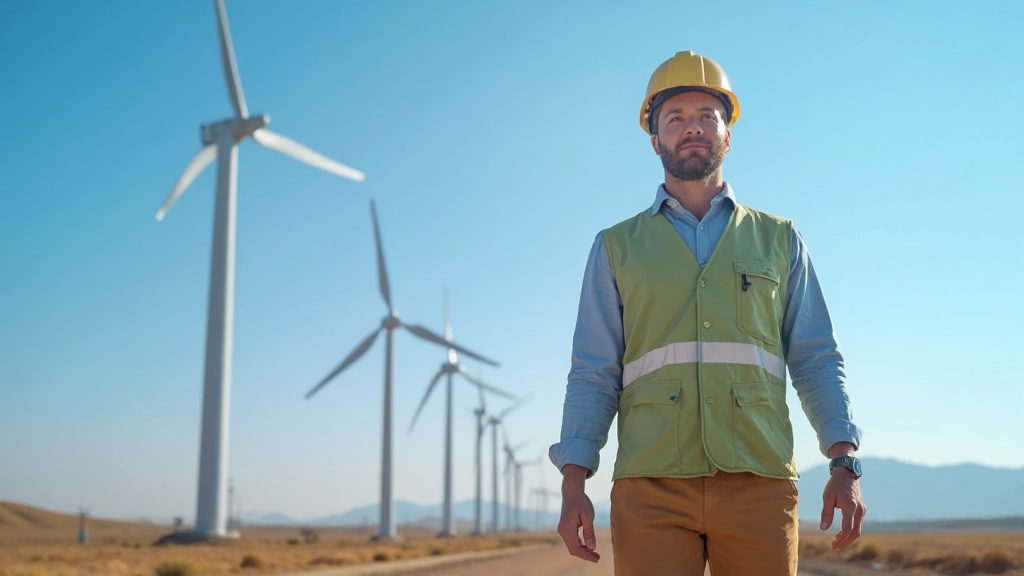 Ветровой парк с современными ветрогенераторами на фоне голубого неба