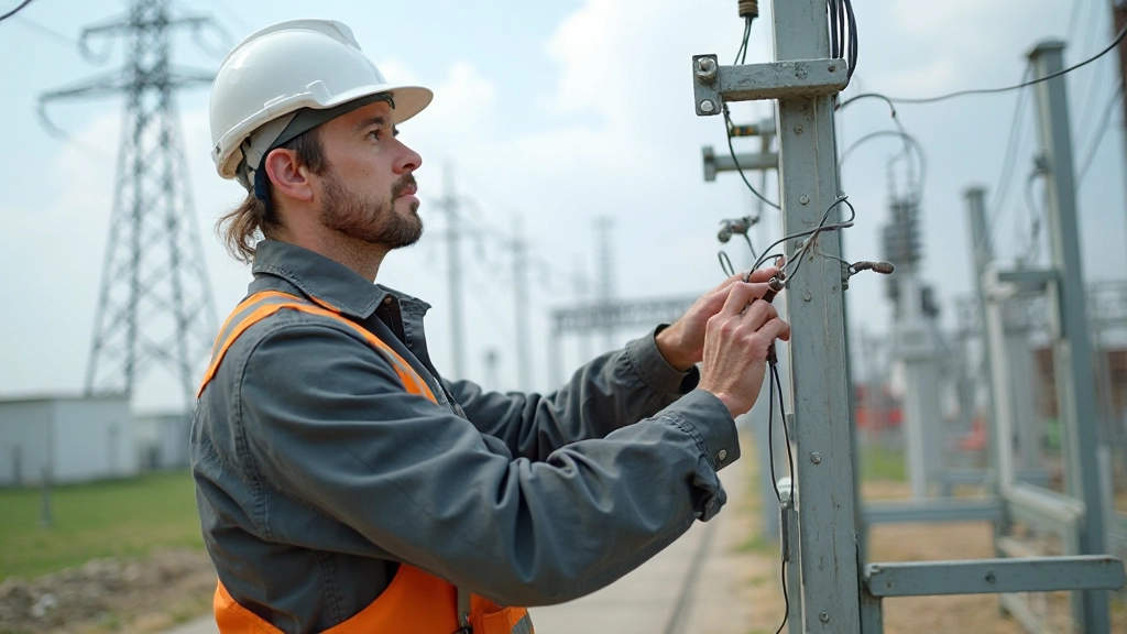 Специалист осматривает высоковольтные линии электропередачи